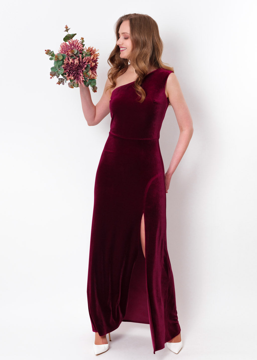 Plum burgundy velvet one shoulder slit dress
