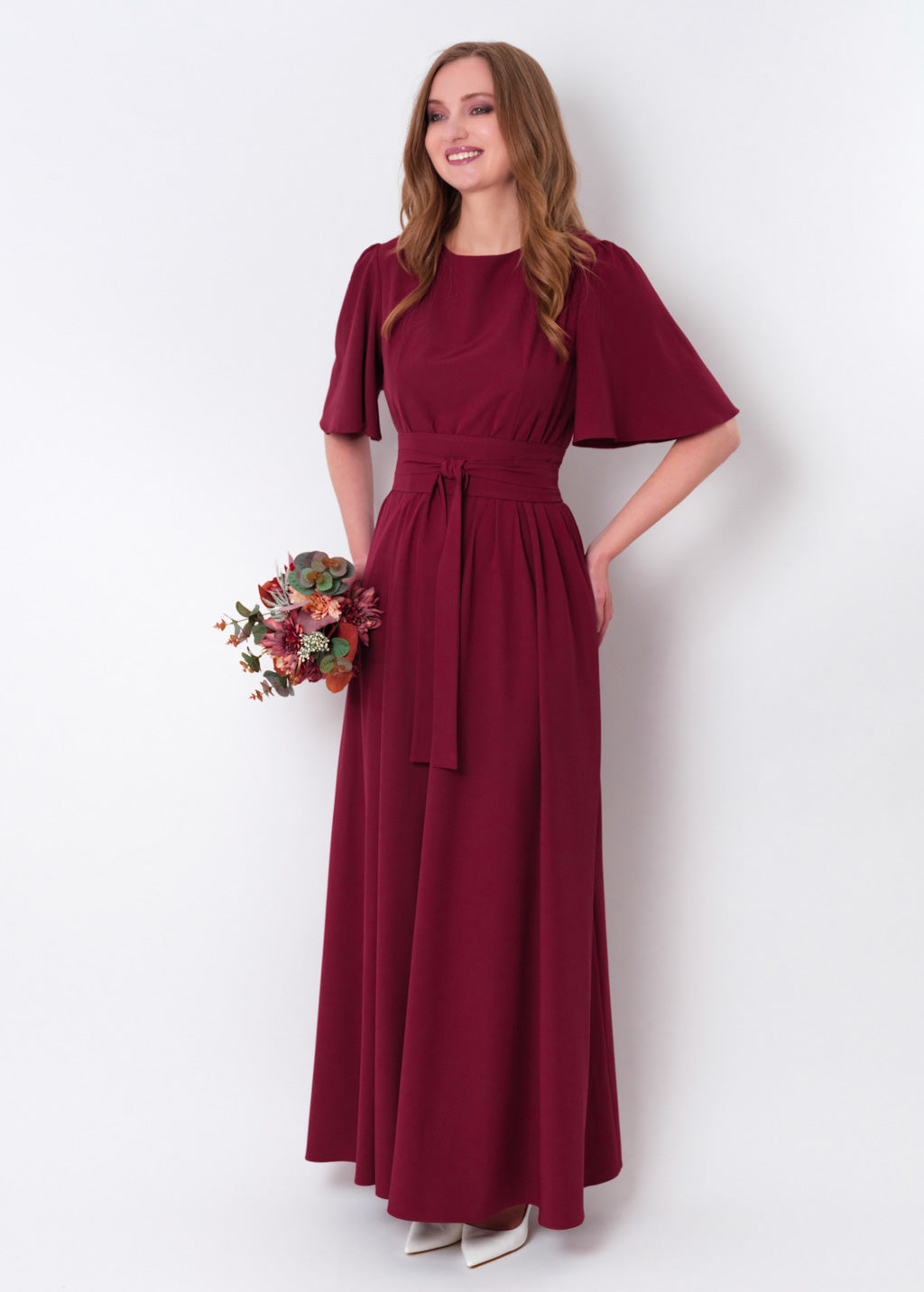 Burgundy long slit dress with belt
