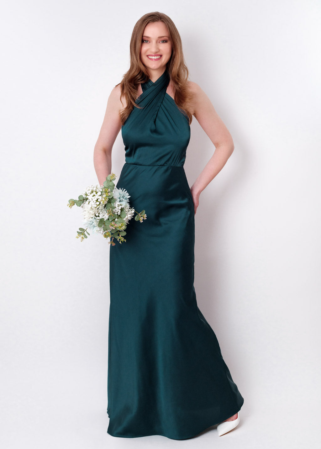 Dark teal green silk long halter dress