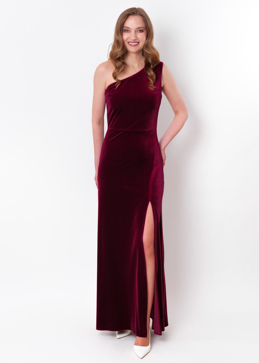 Plum burgundy velvet one shoulder slit dress