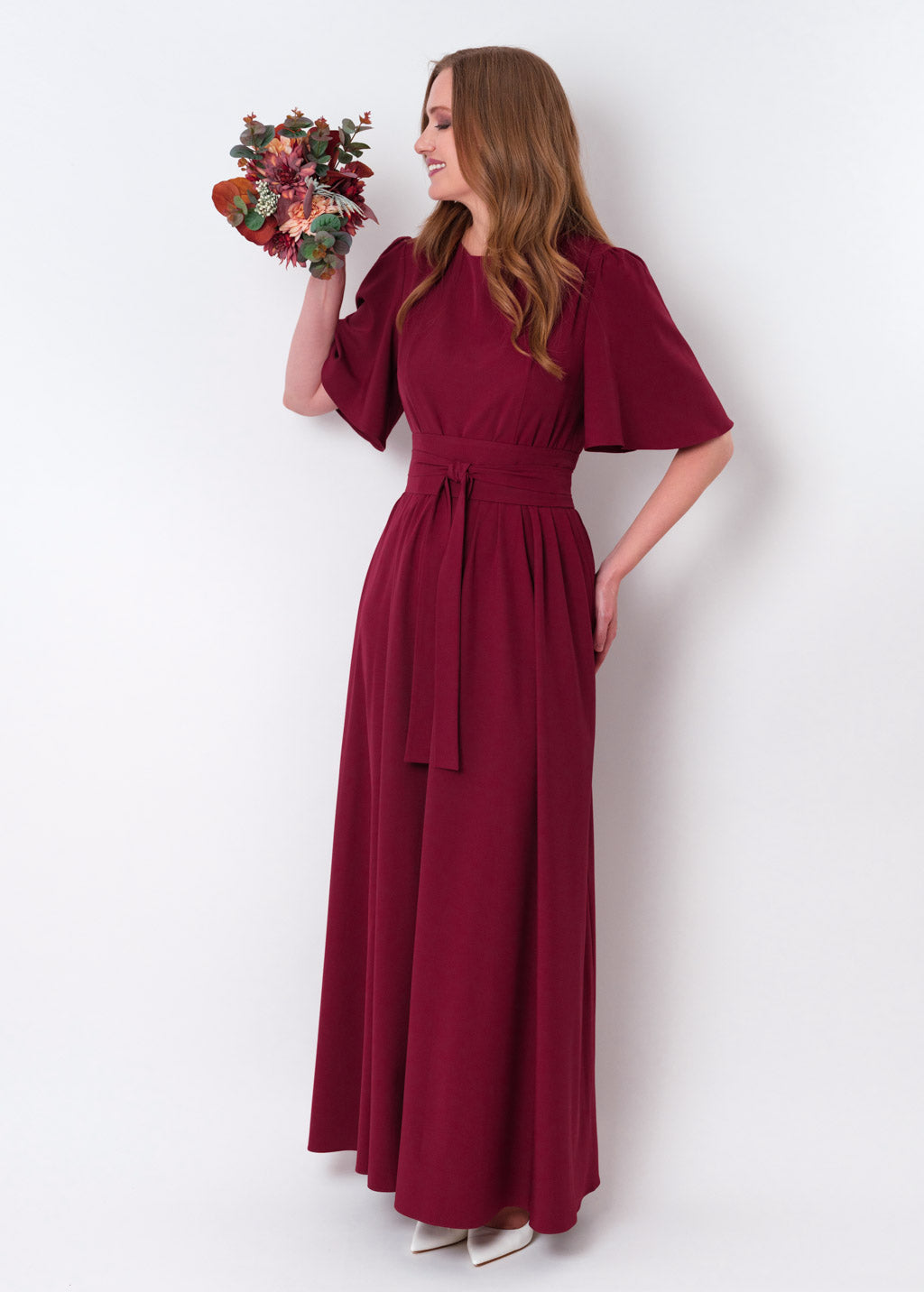 Burgundy long dress with belt