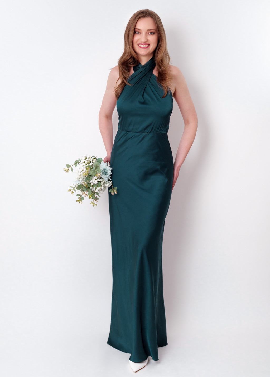 Dark teal green silk long halter dress