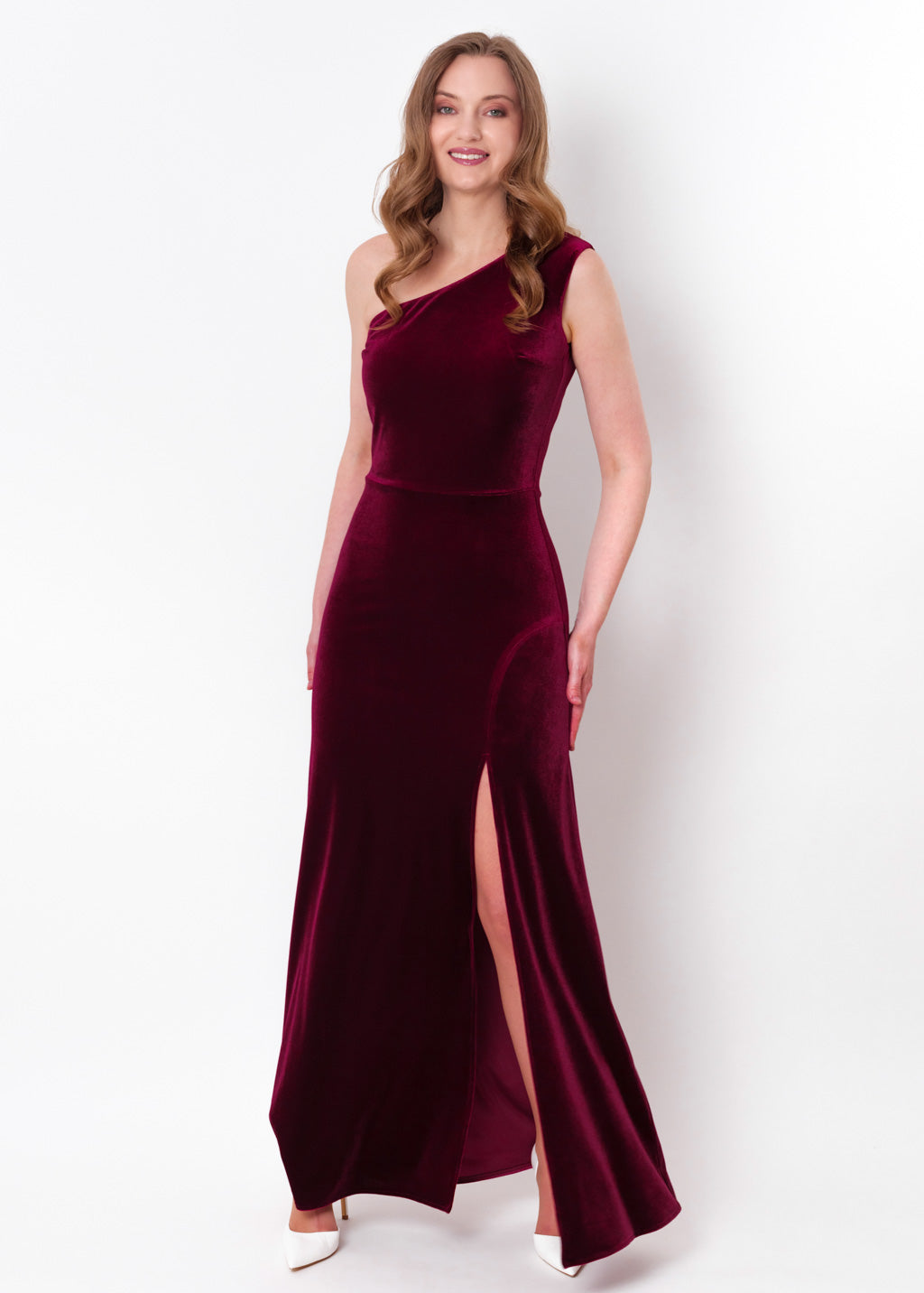 Plum burgundy velvet one shoulder slit dress