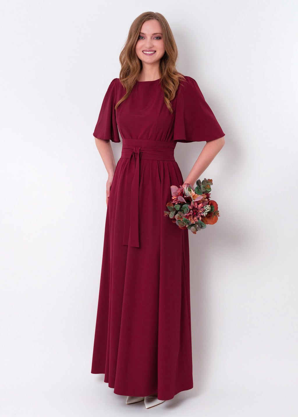 Burgundy long slit dress with belt