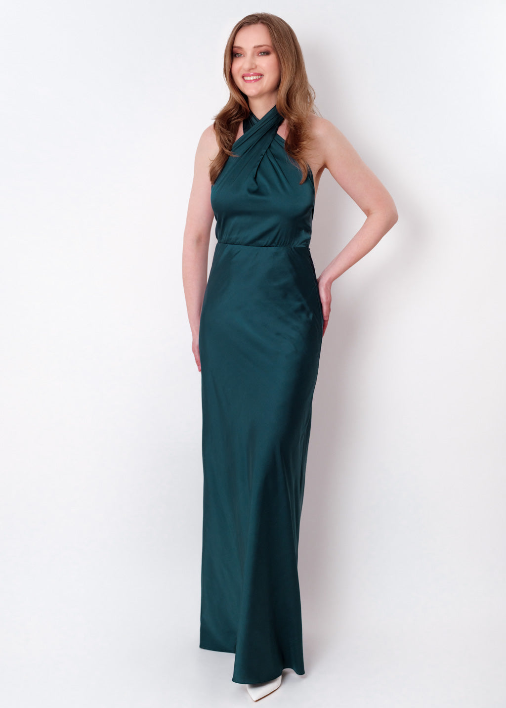 Dark teal green silk long halter dress