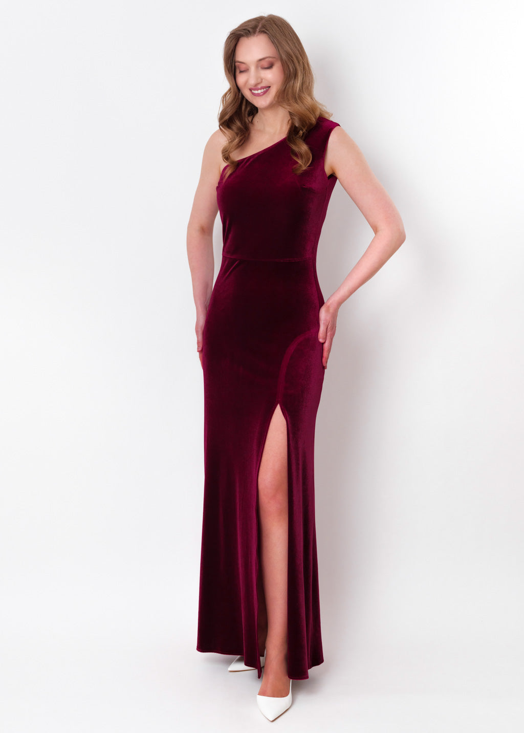Plum burgundy velvet one shoulder slit dress