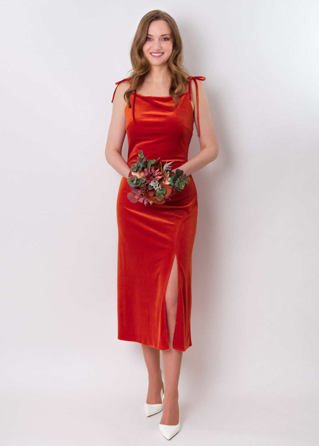 Rust orange slip slit velvet bodycon dress