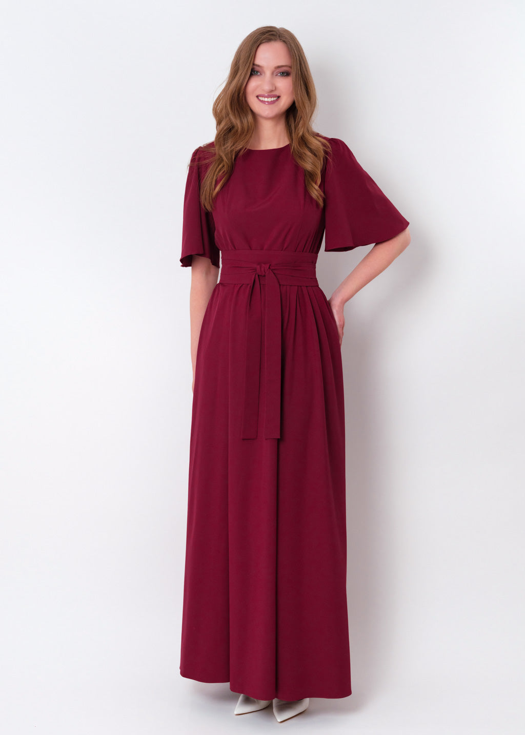 Burgundy long slit dress with belt