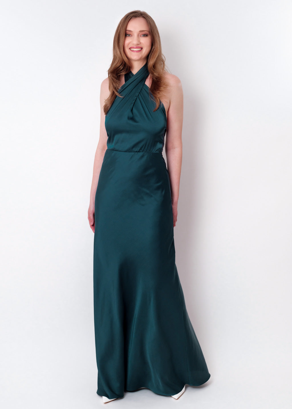 Dark teal green silk long halter dress