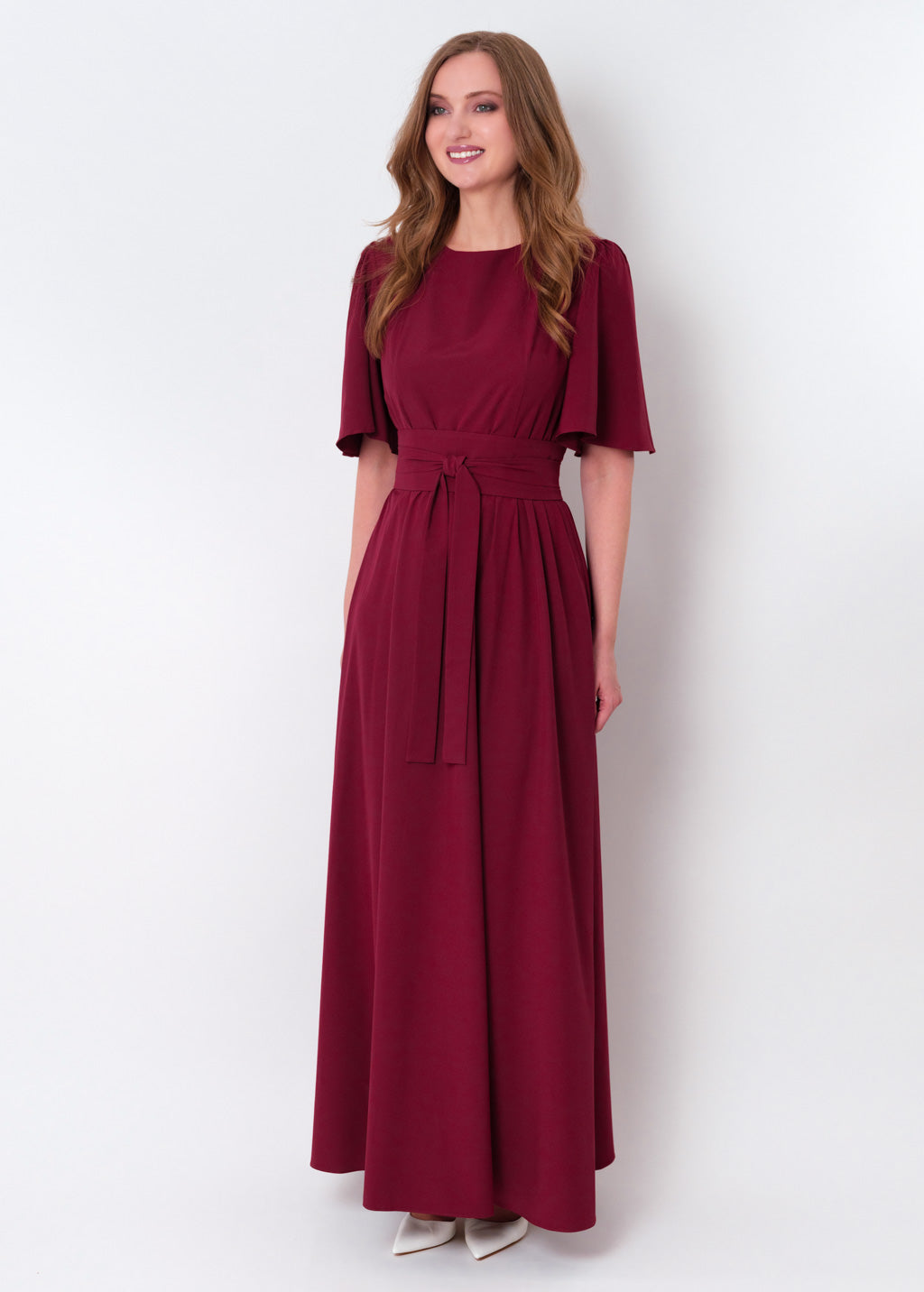 Burgundy long slit dress with belt