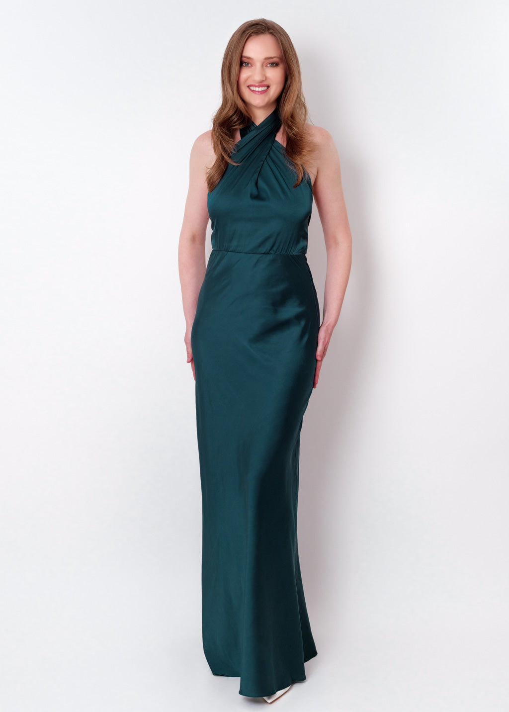 Dark teal green silk long halter dress