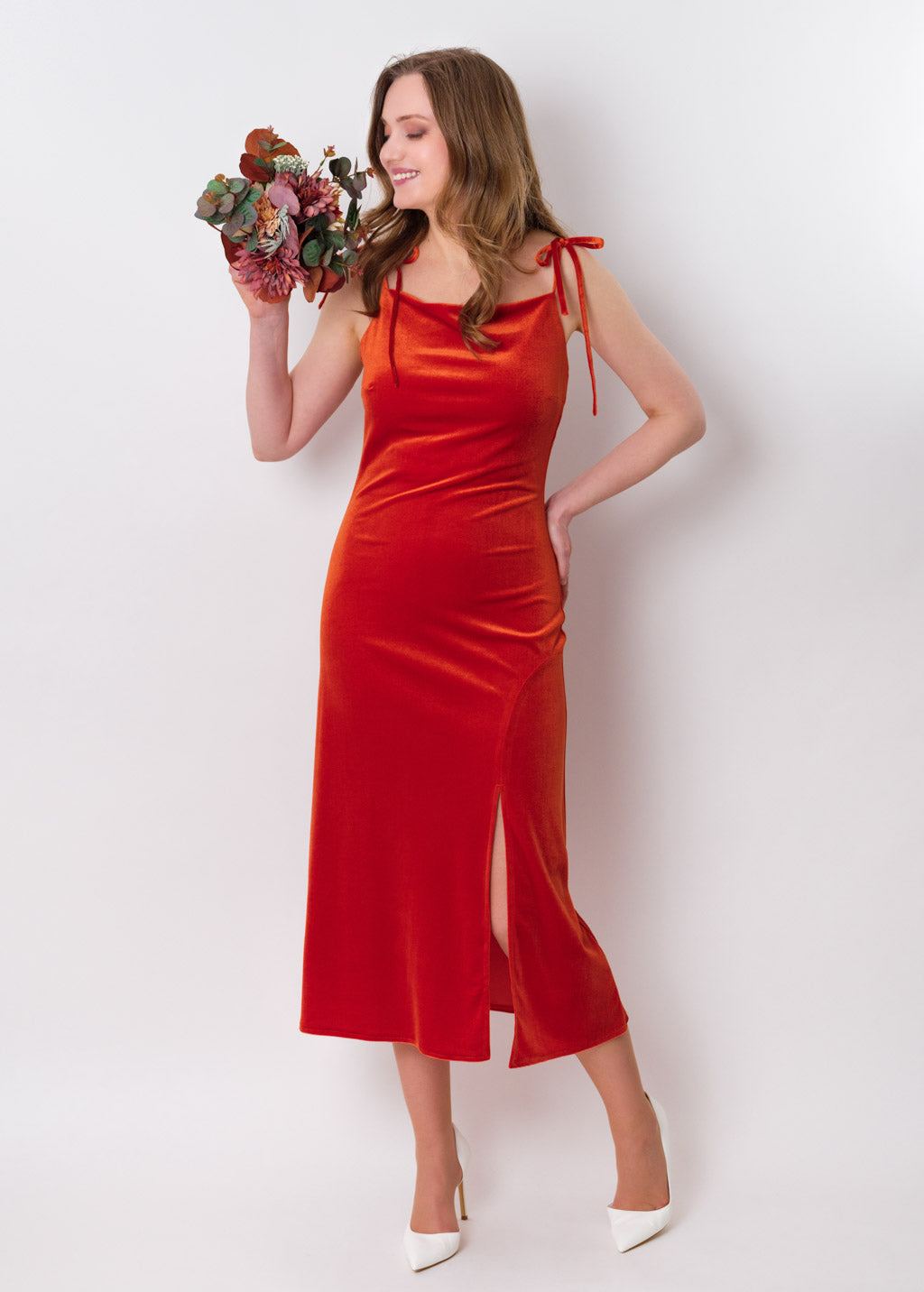 Rust orange slip slit velvet bodycon dress