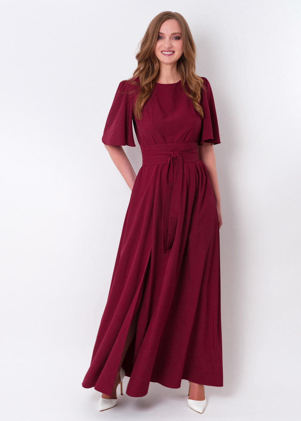 Burgundy long slit dress with belt