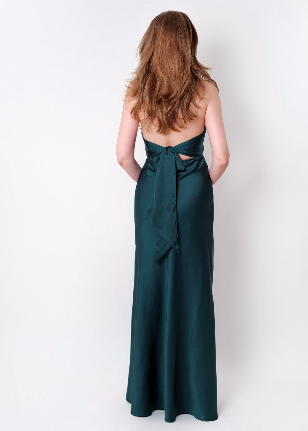 Dark teal green silk long halter dress