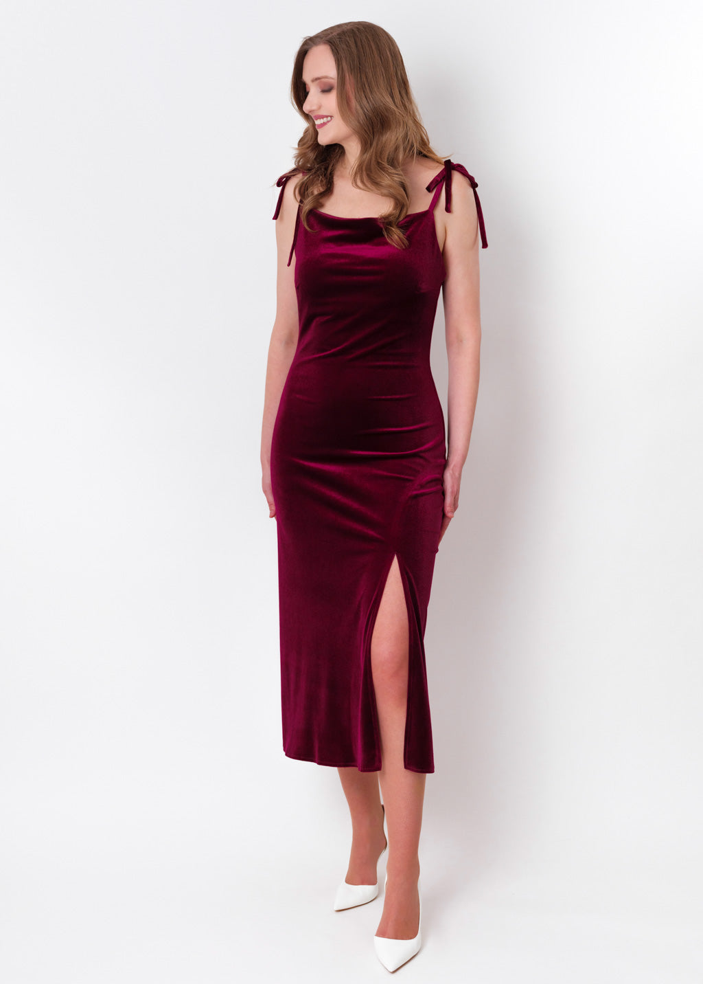 Plum burgundy slip slit velvet bodycon dress