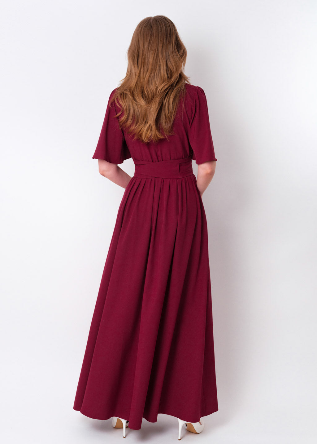 Burgundy long slit dress with belt