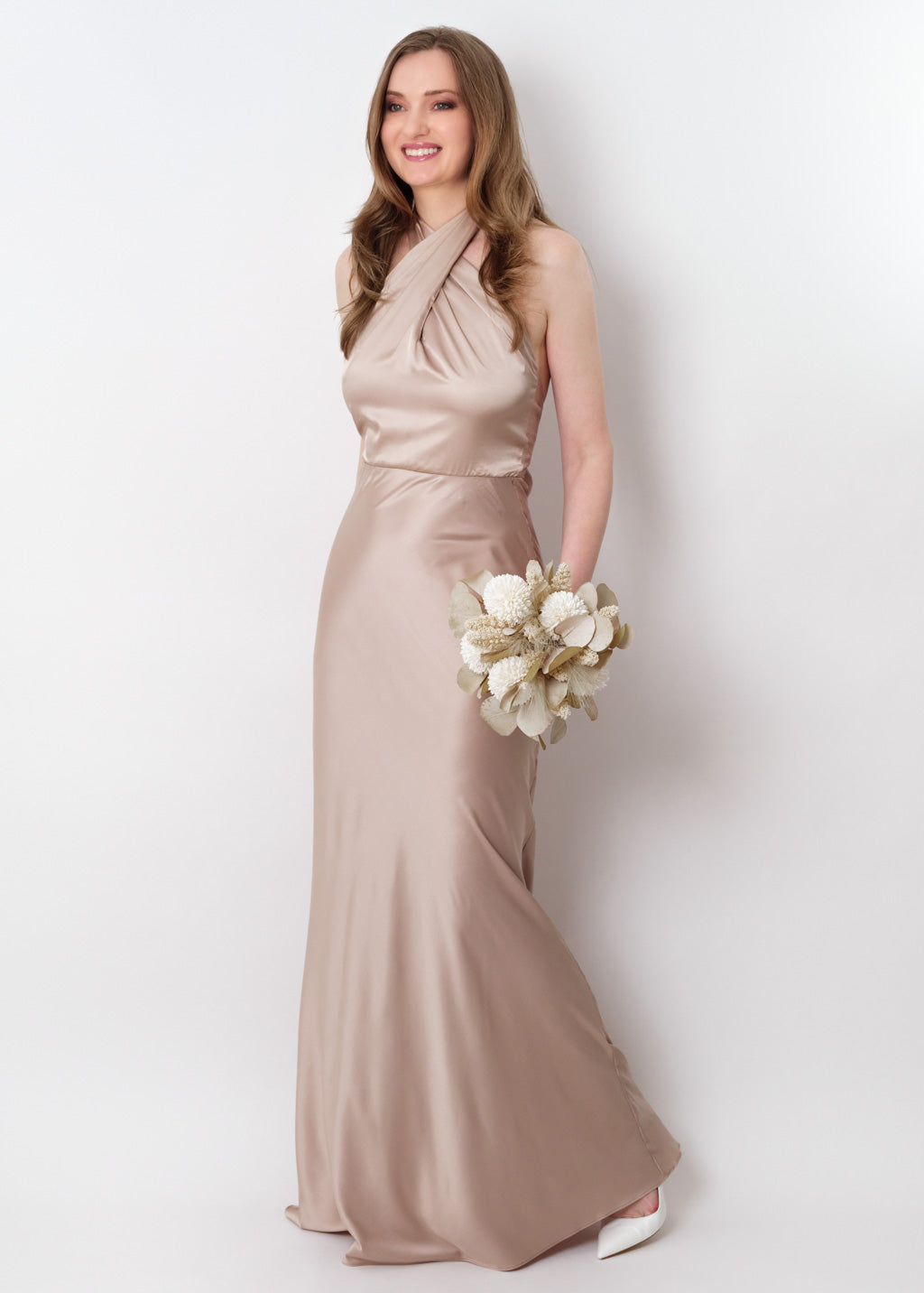 Champagne beige silk long halter dress