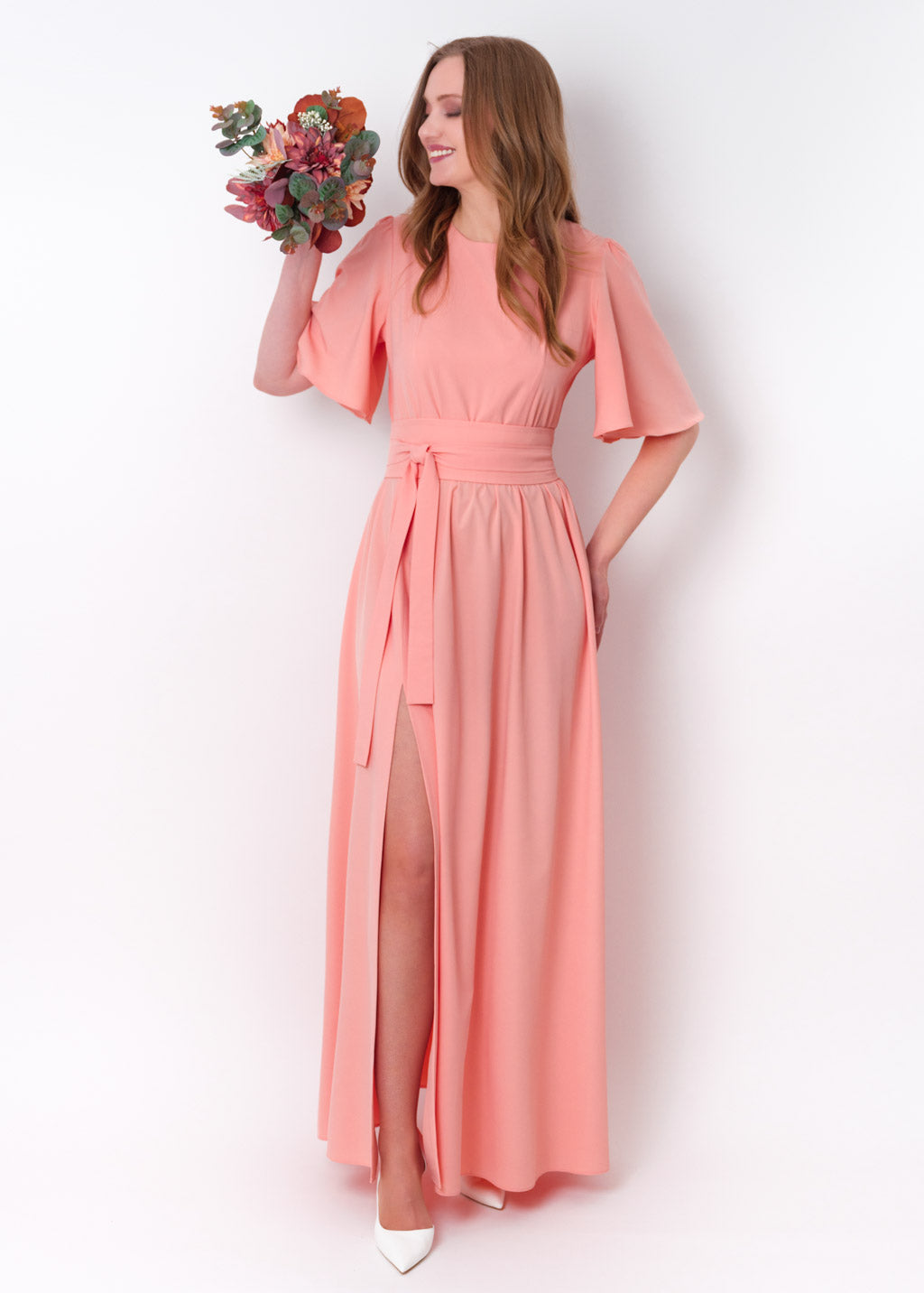 Blush pink long slit dress with belt