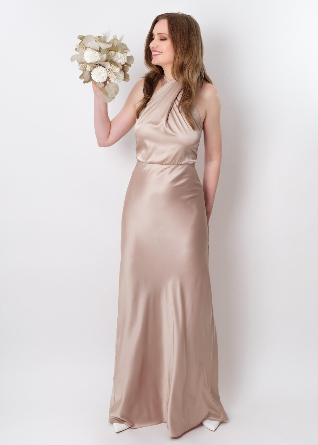 Champagne beige silk long halter dress