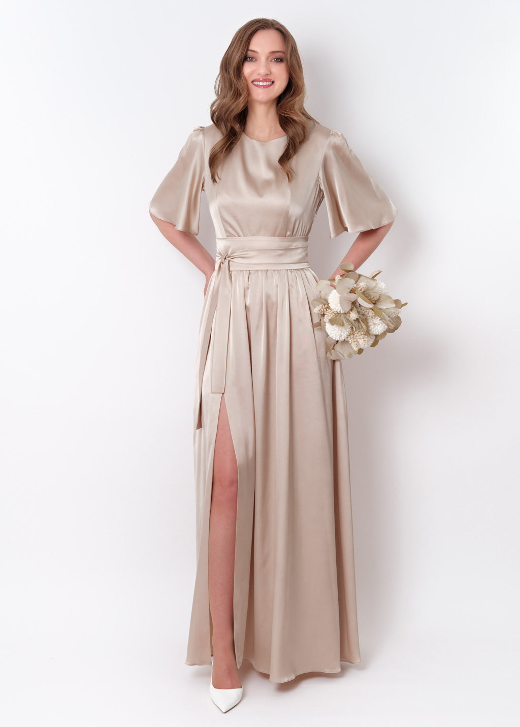 Champagne beige slit silk dress with belt