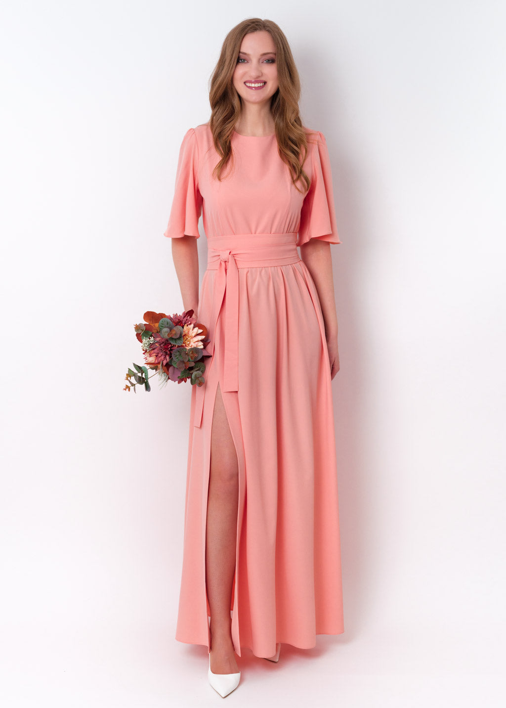 Blush pink long dress with belt