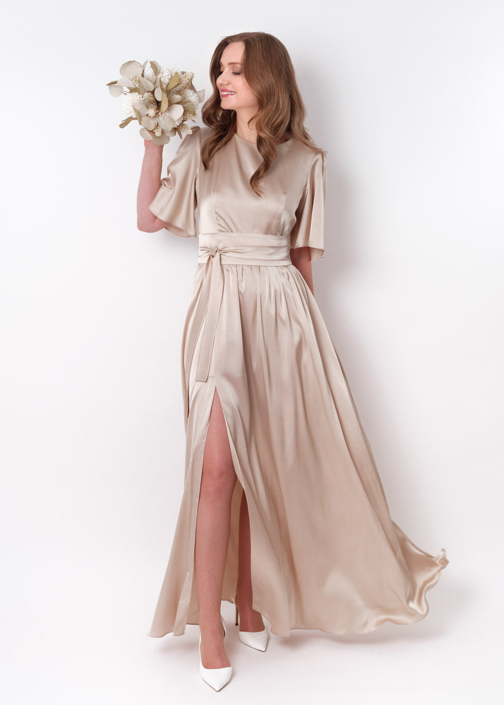 Champagne beige slit silk dress with belt