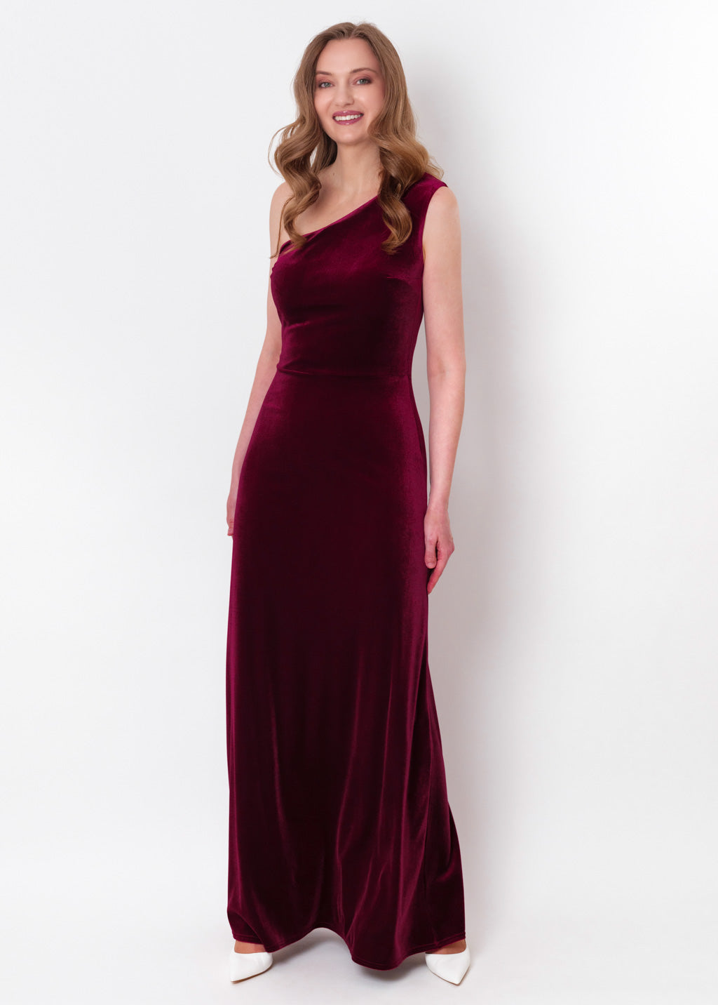 Plum burgundy velvet one shoulder dress