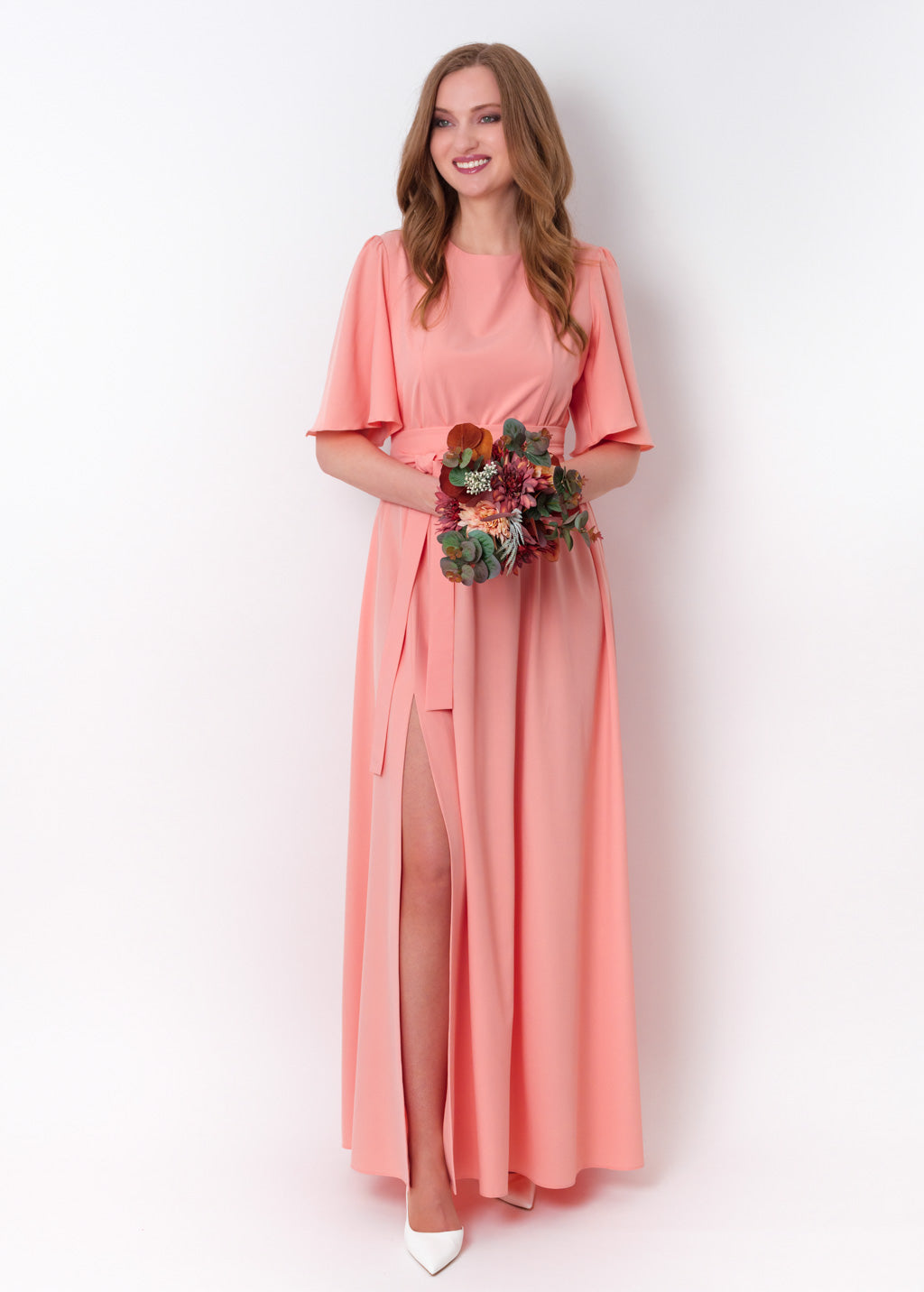 Blush pink long slit dress with belt