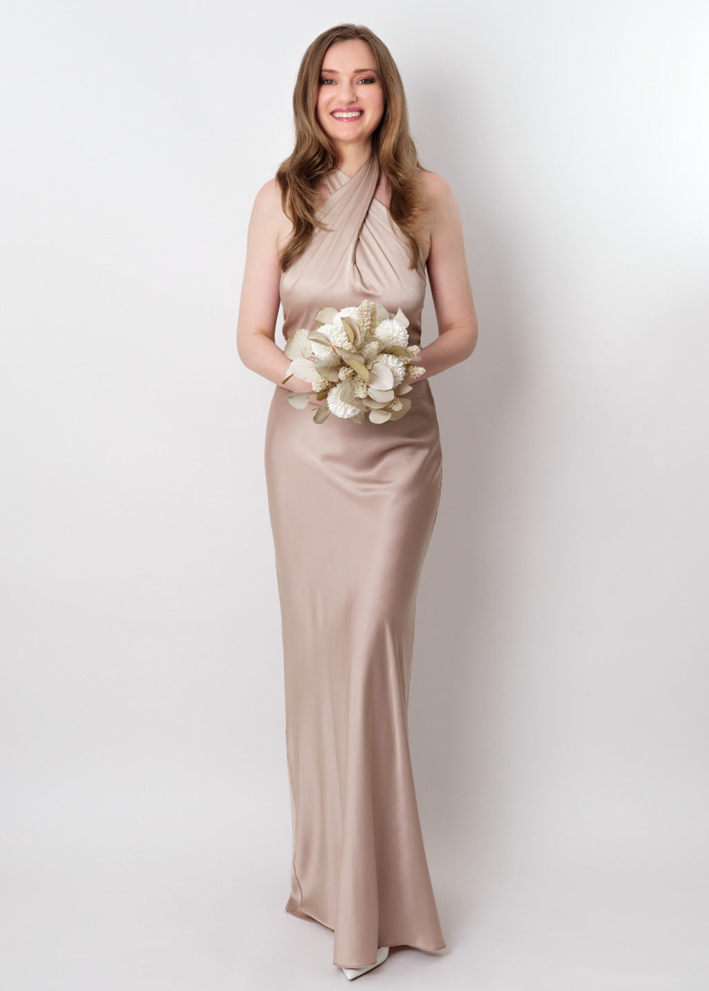 Champagne beige silk long halter dress