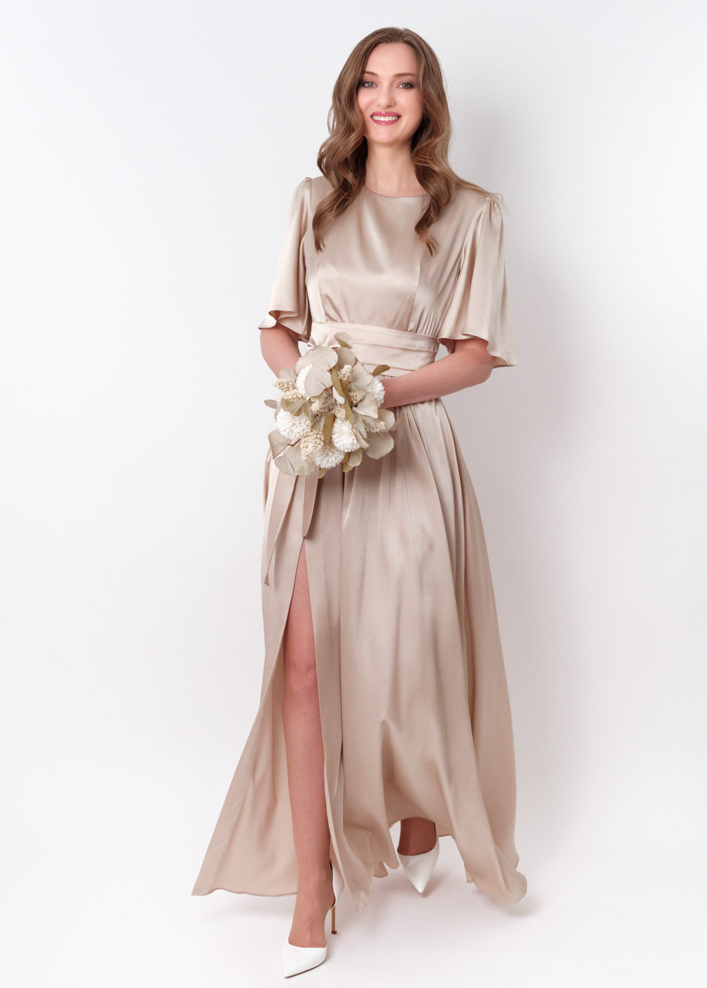 Champagne beige slit silk dress with belt