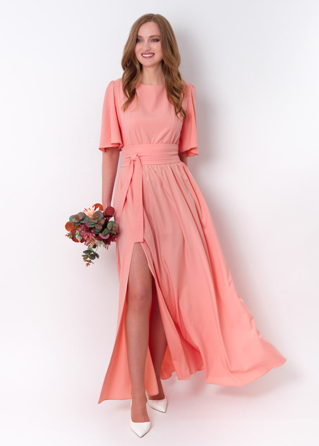 Blush pink long dress with belt