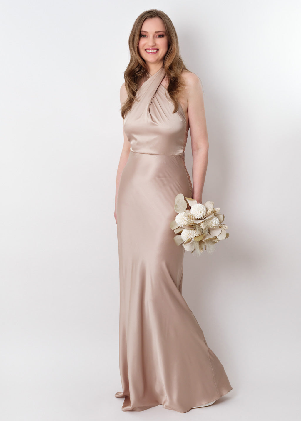 Champagne beige silk long halter dress