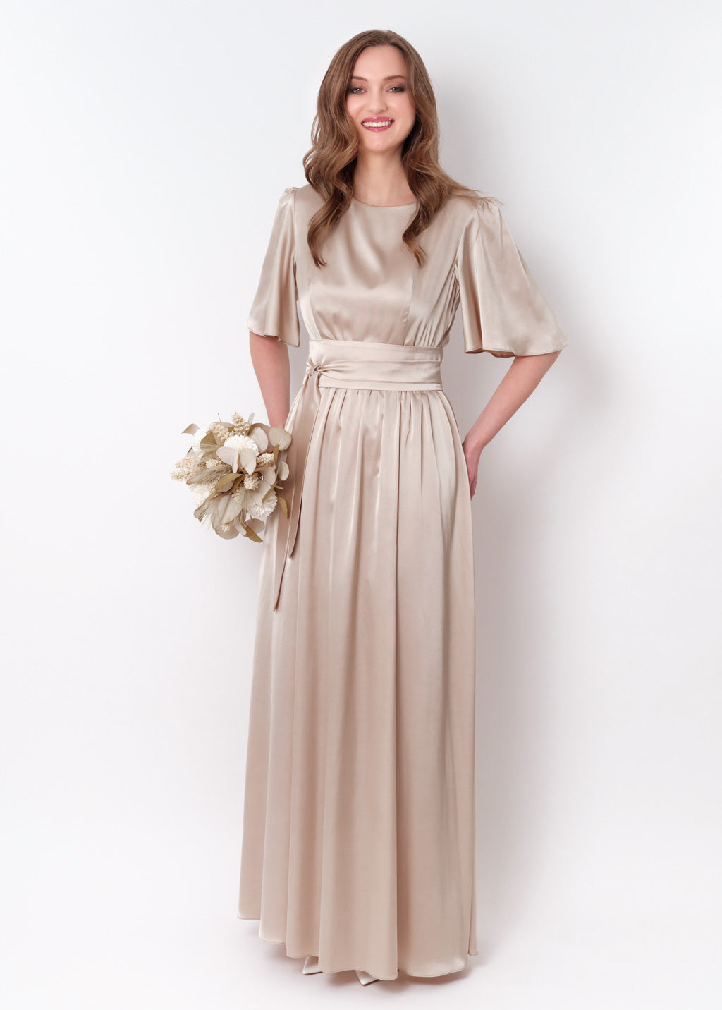 Champagne beige silk dress with belt