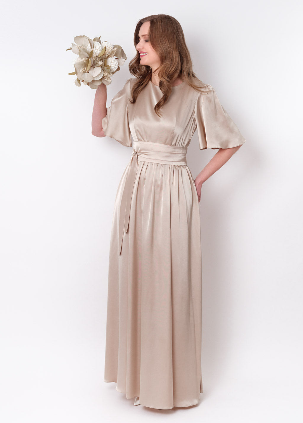Champagne beige silk dress with belt