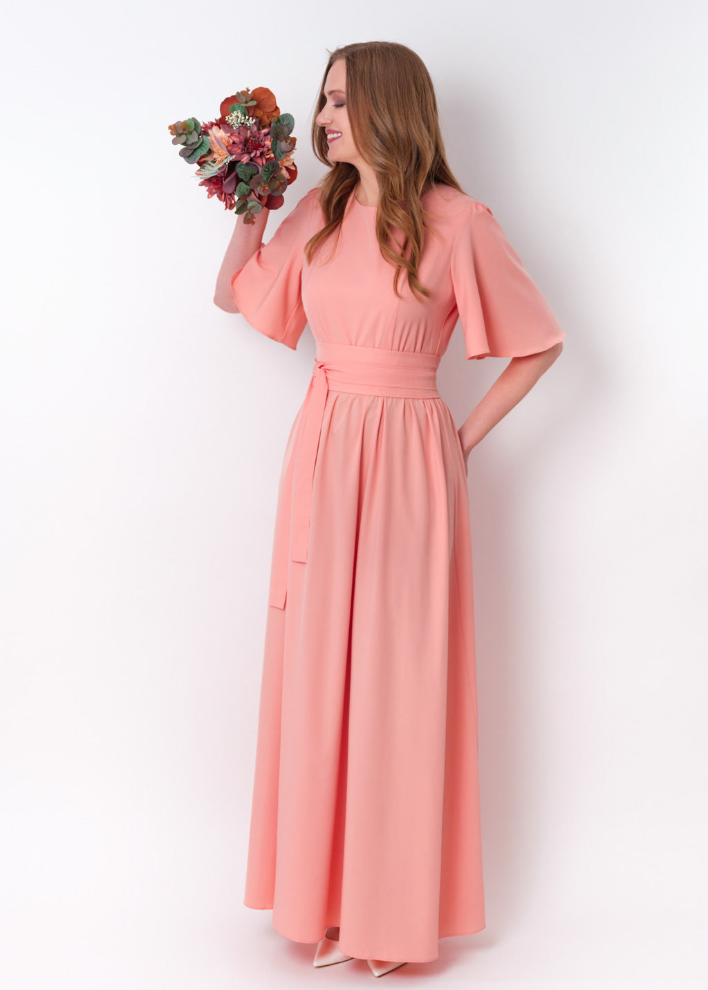 Blush pink long slit dress with belt