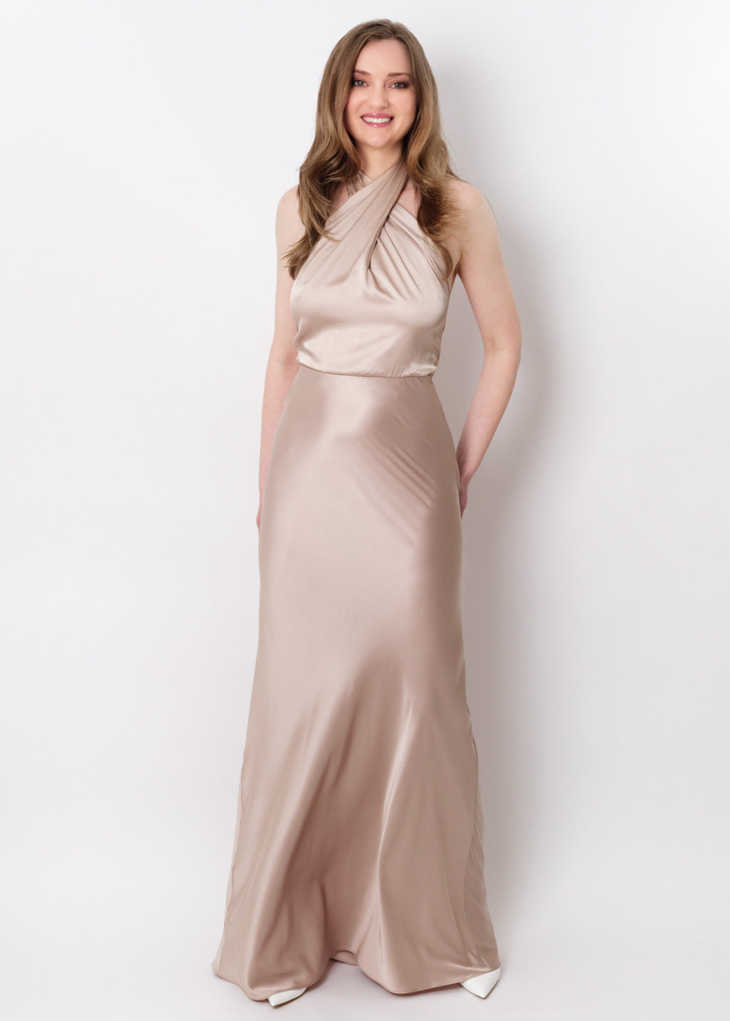 Champagne beige silk long halter dress