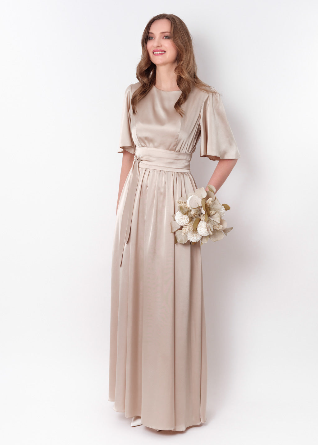 Champagne beige silk dress with belt