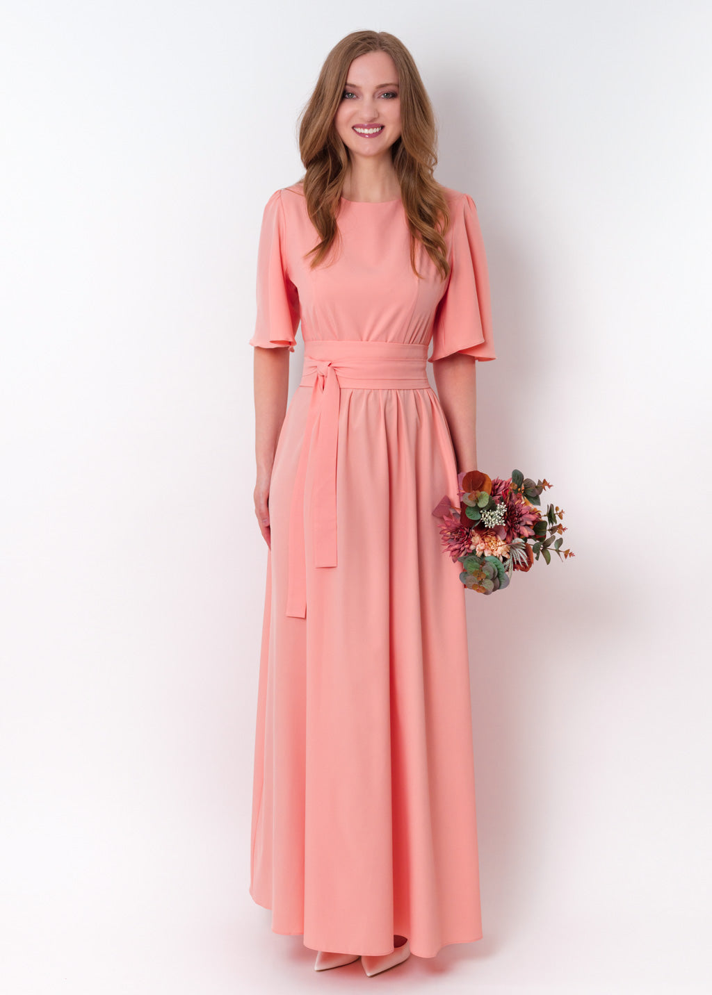 Blush pink long dress with belt