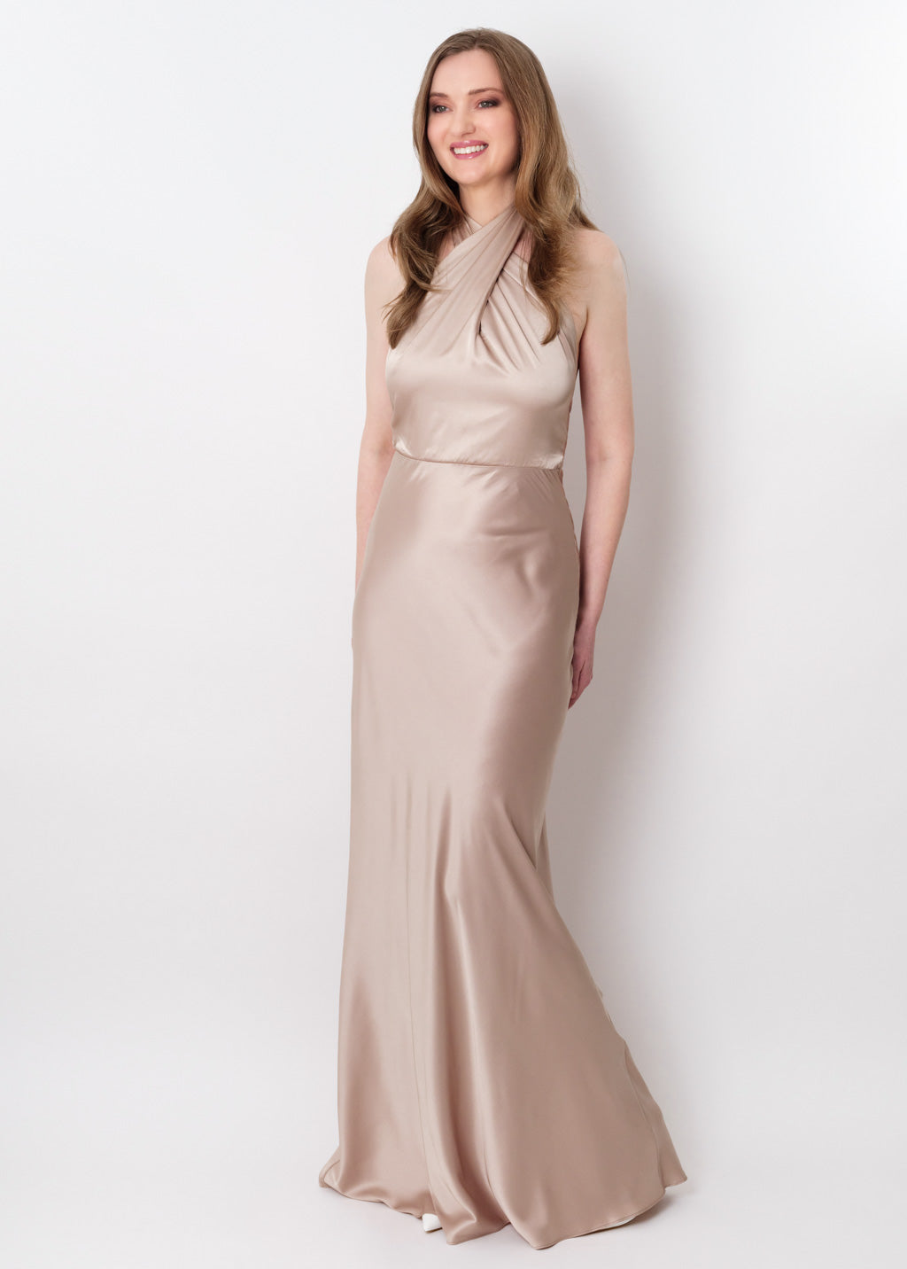 Champagne beige silk long halter dress