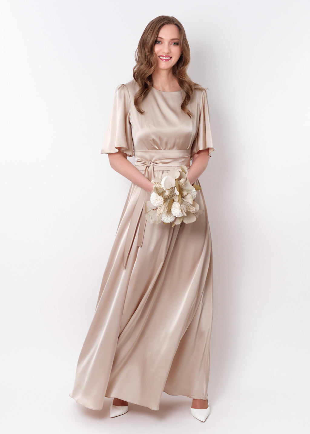 Champagne beige silk dress with belt