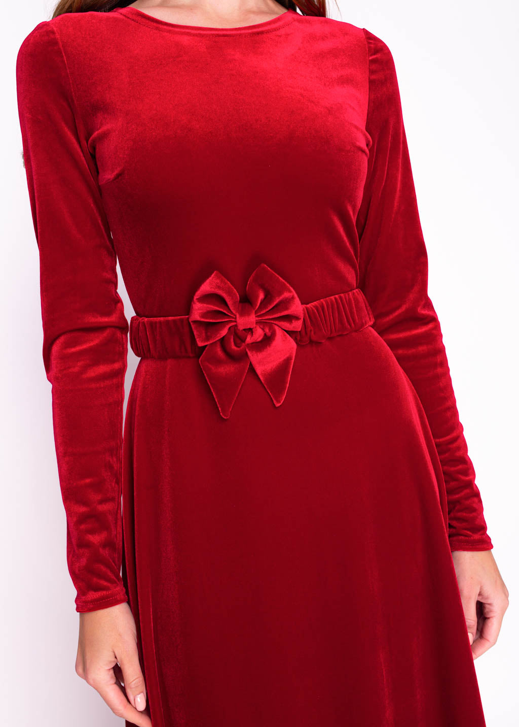 Red velvet long dress with belt
