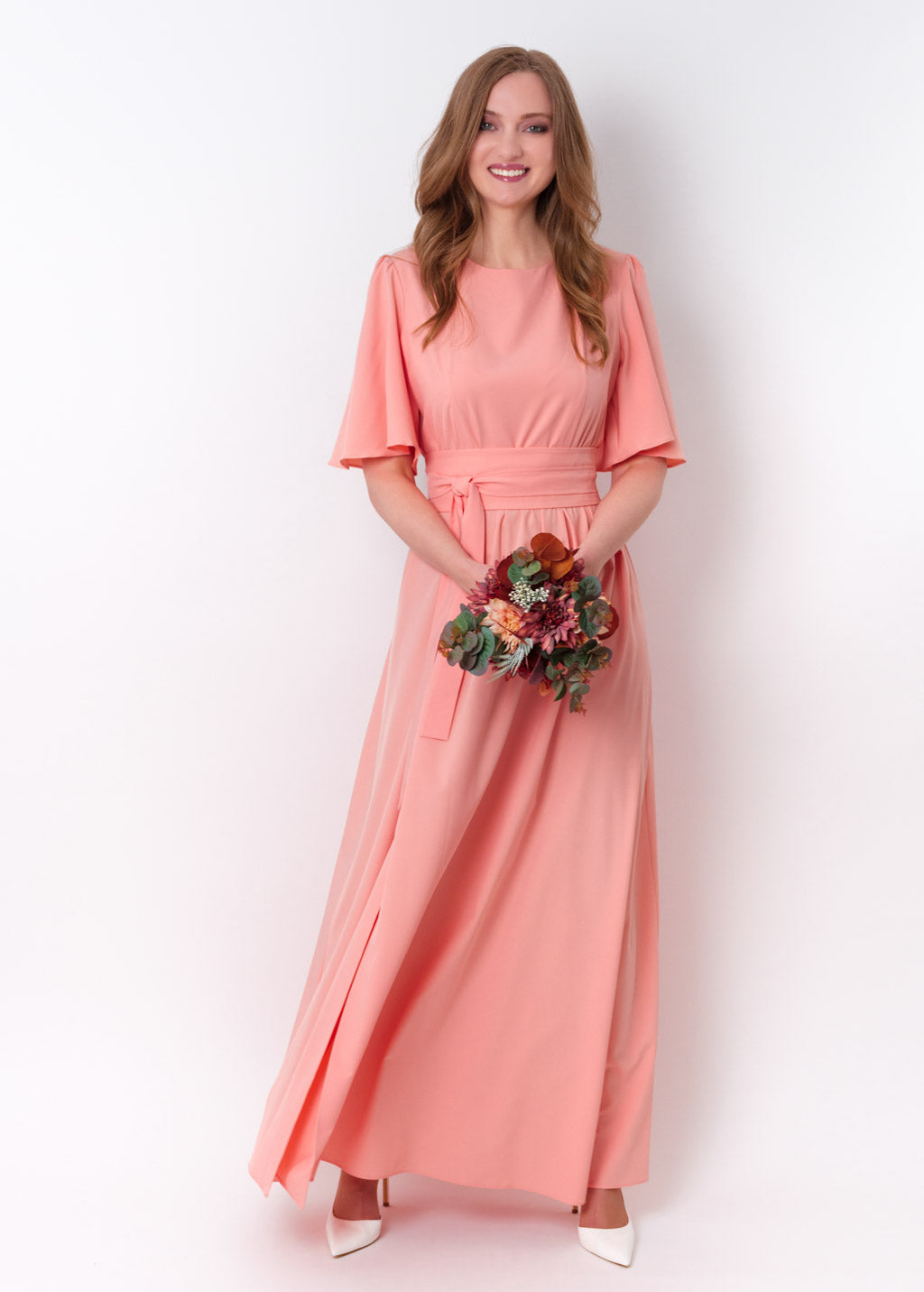 Blush pink long slit dress with belt
