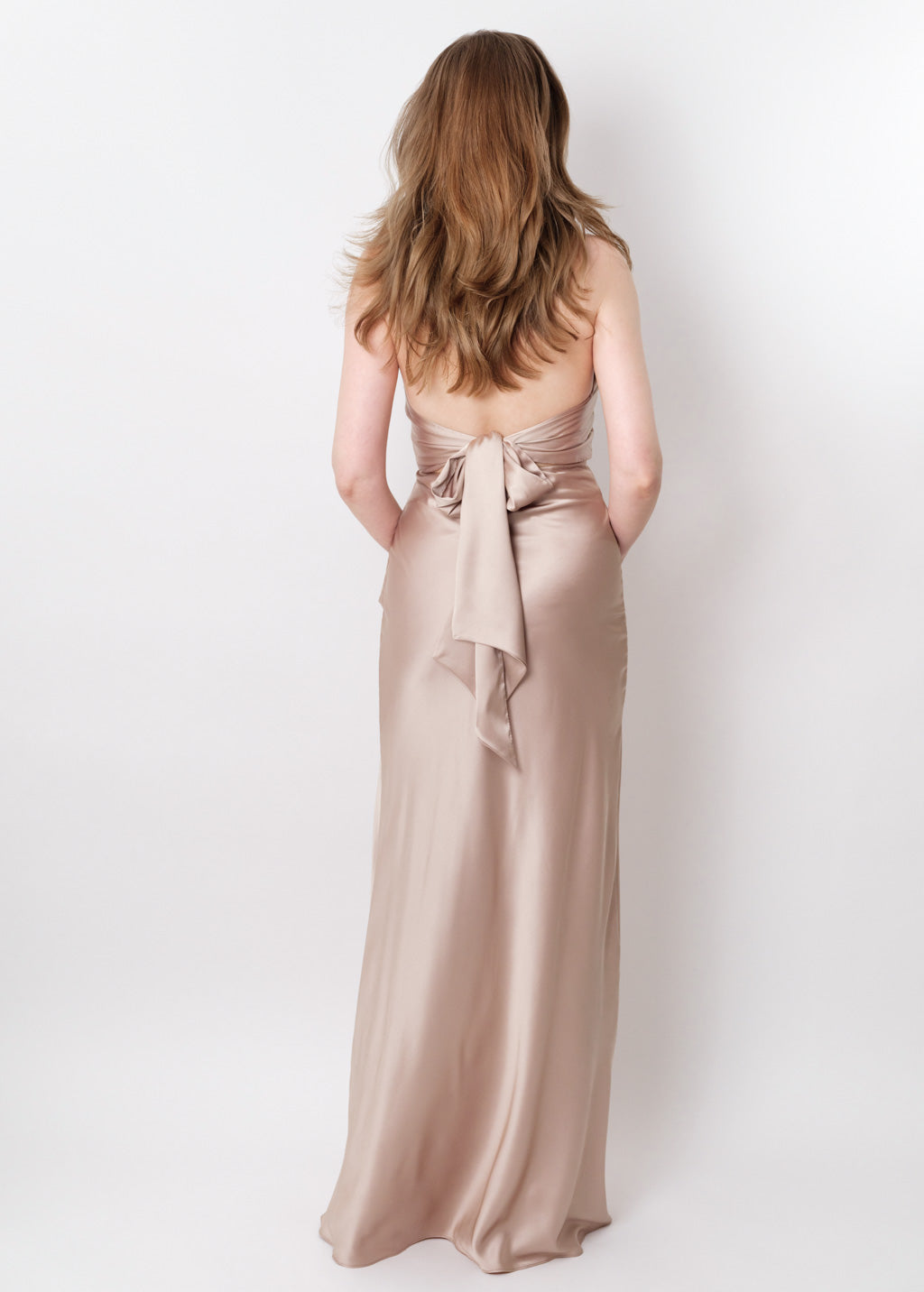 Champagne beige silk long halter dress