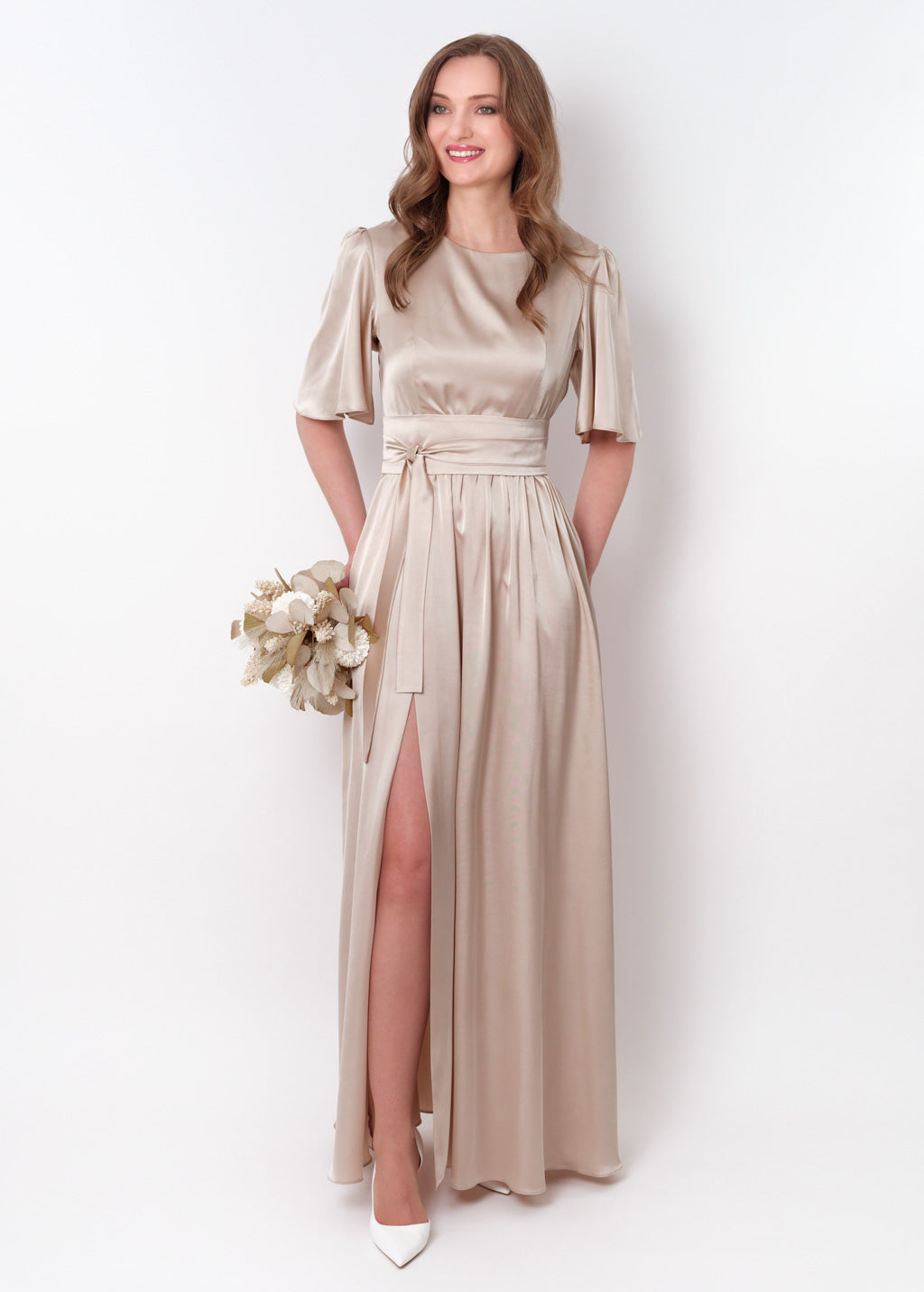 Champagne beige slit silk dress with belt