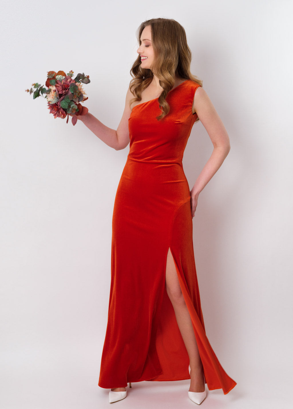 Rust orange velvet one shoulder slit dress