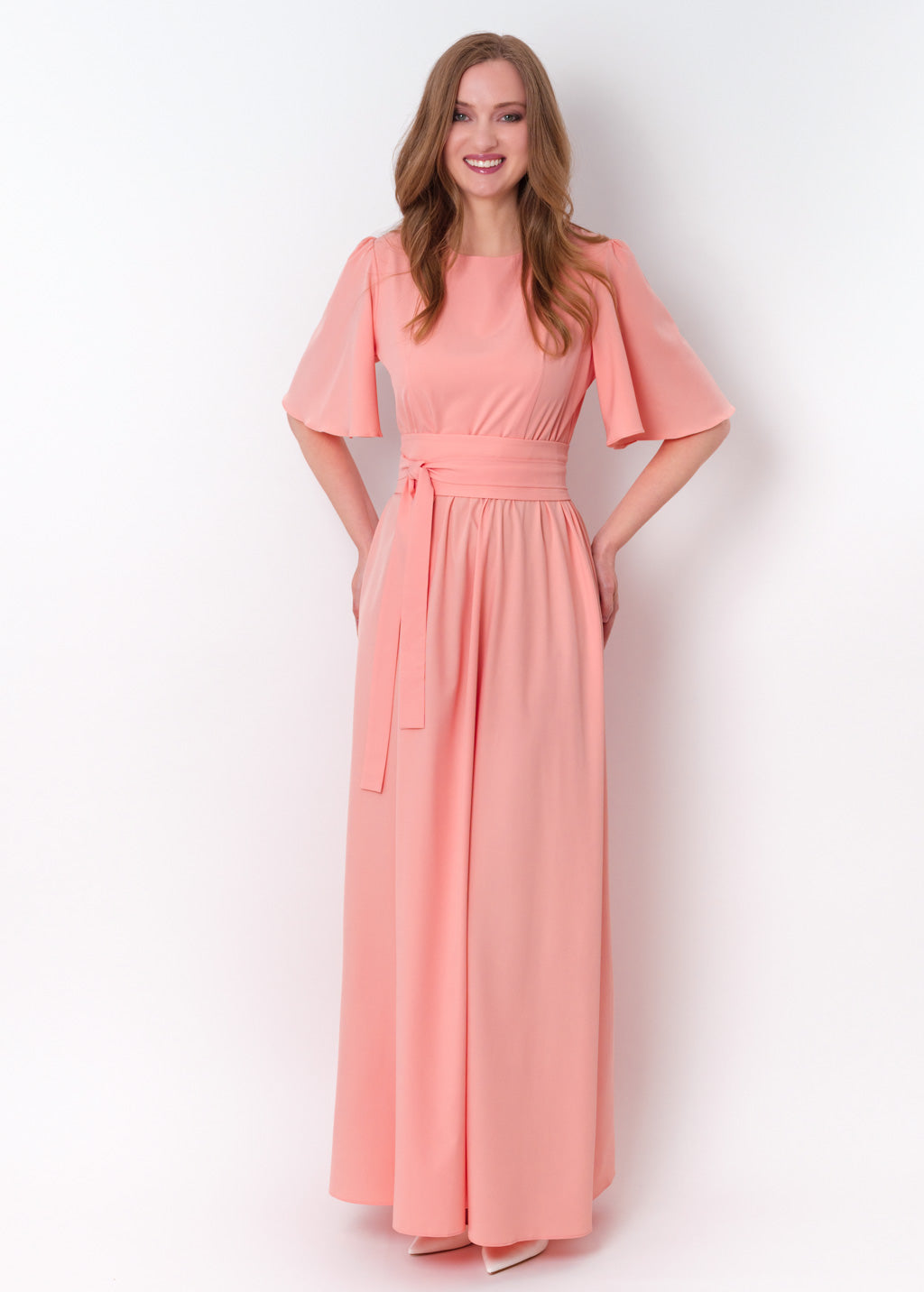 Blush pink long dress with belt