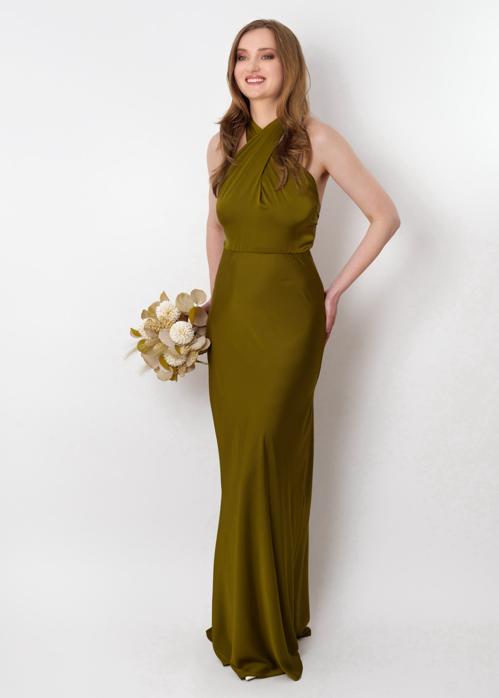 Olive silk long halter dress