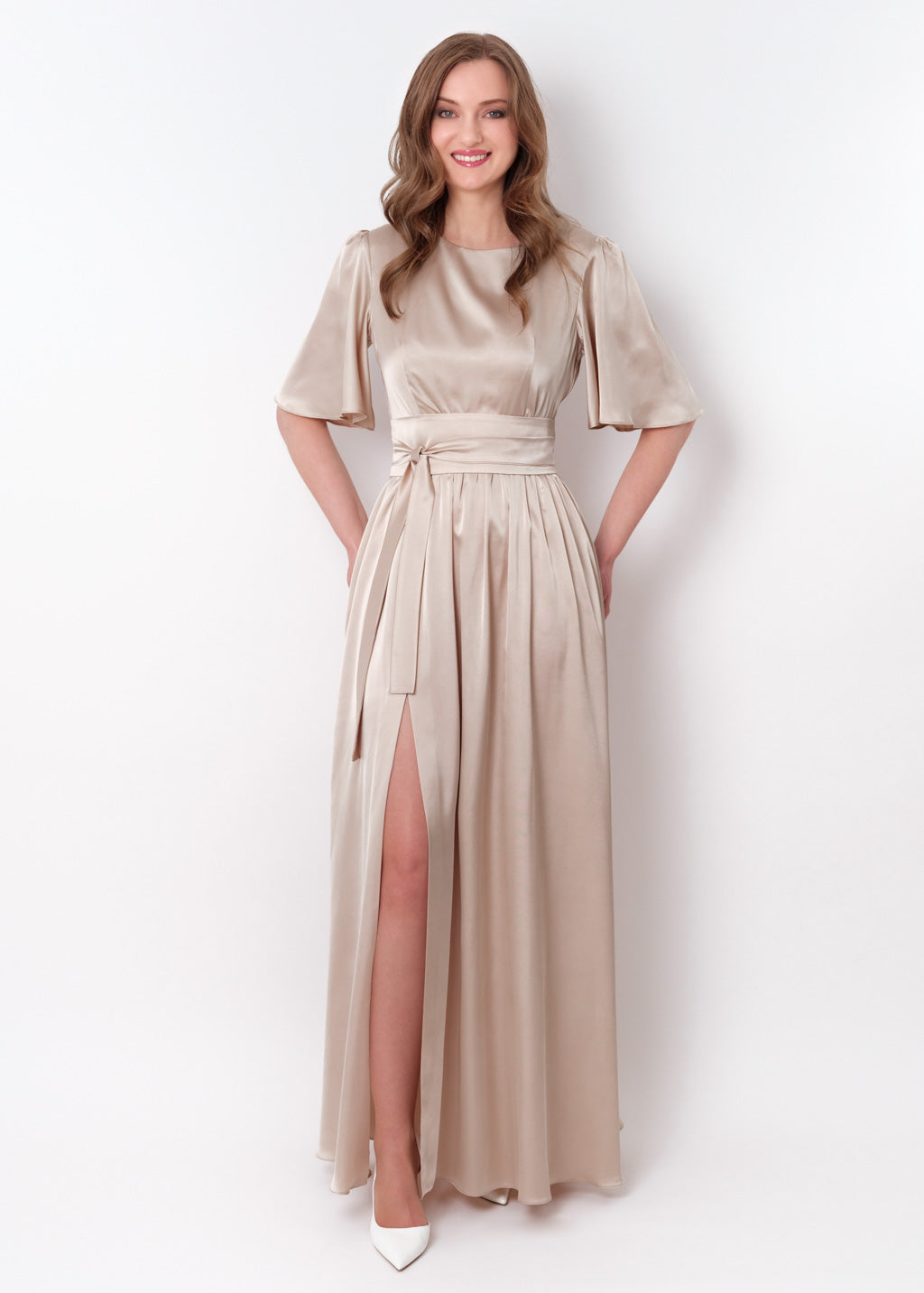 Champagne beige slit silk dress with belt
