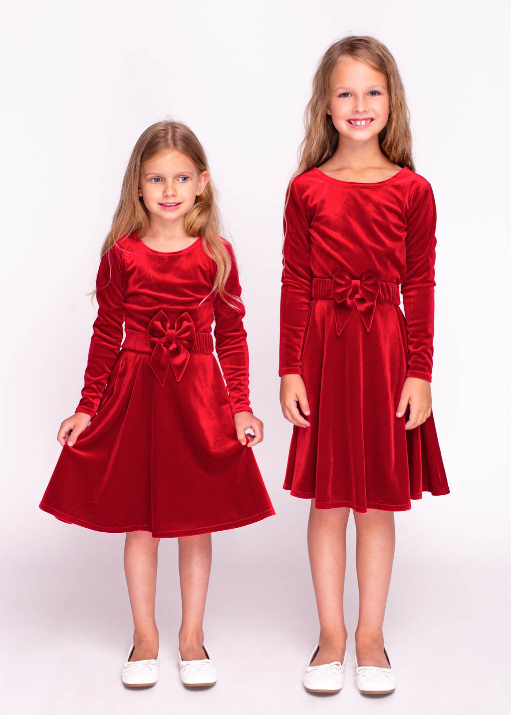 Red girl velvet dress with bow belt