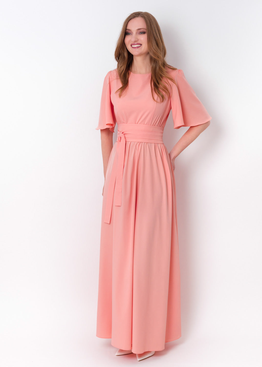 Blush pink long dress with belt